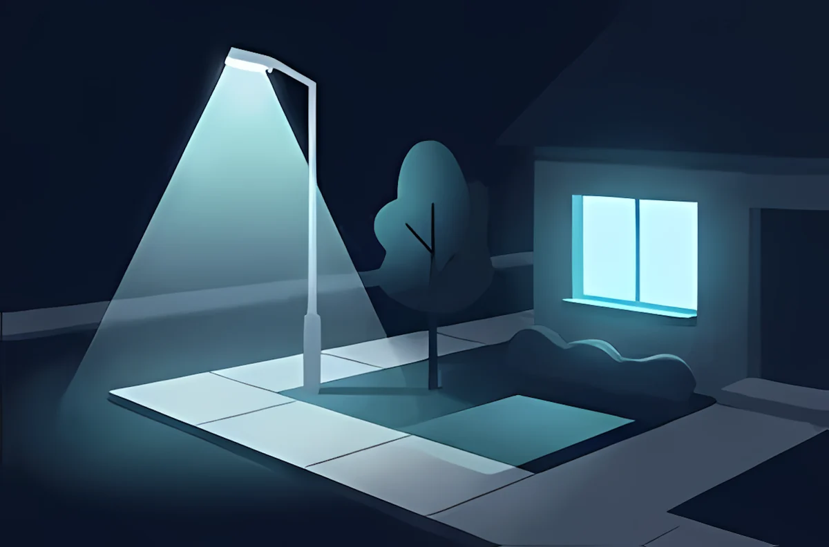 Ilustración de luz blanca fría en un entorno nocturno.